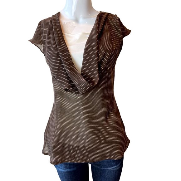 ATP 9 Women Polka Dots Blouse Top Big Cowl Neck Built-in Bra Brown Size Medium - Picture 1 of 7